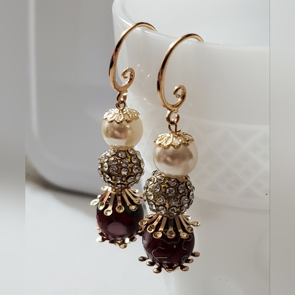 Antique Miriam Haskell Frank Hess cloisonne pave disco ball pearl earrings vtg - Picture 15 of 16